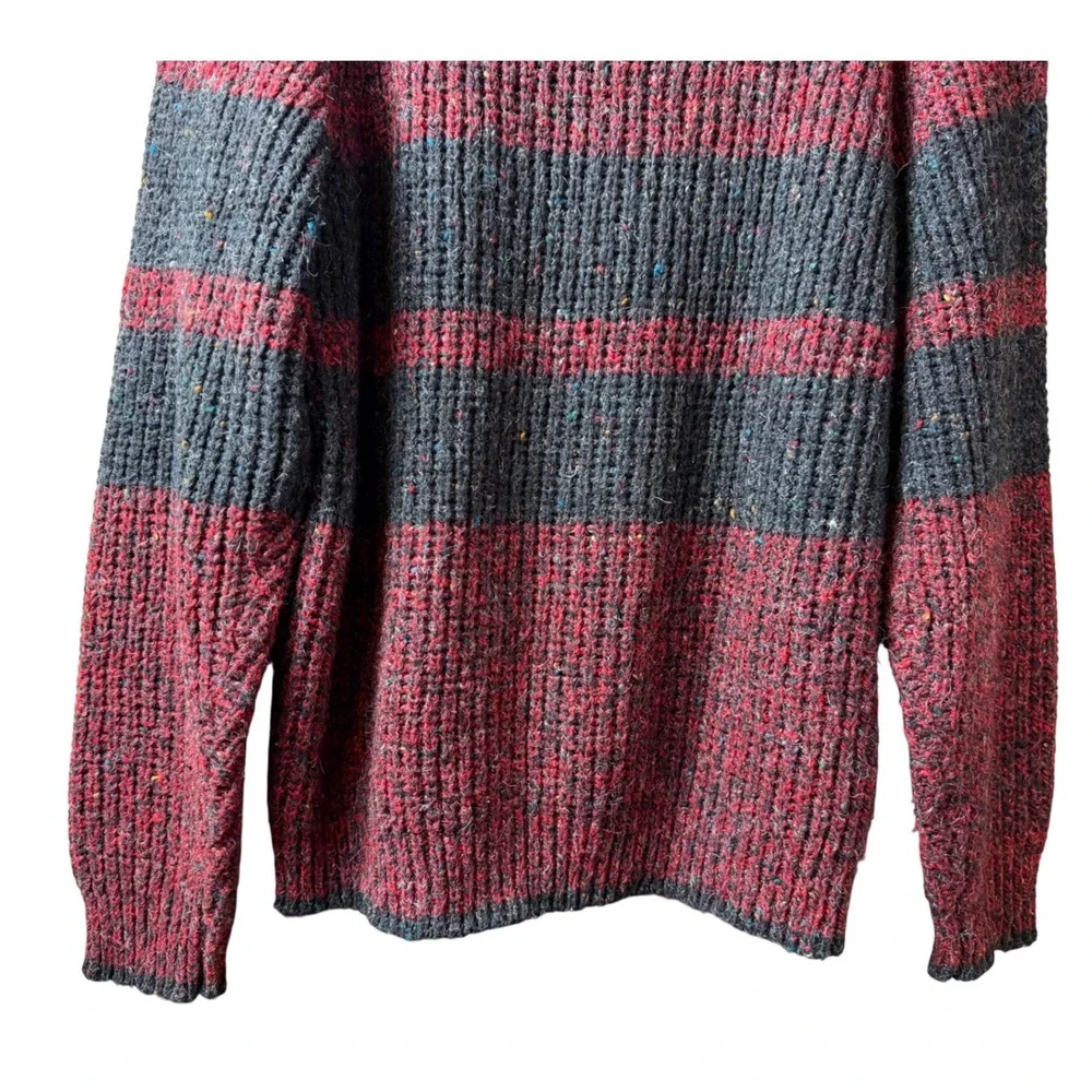 VTG Mens Striped Wool Blend Crewneck Sweater Burgundy Grey L Eclectic Grandpa‎